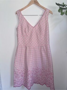 Kay Unger Pink Gingham V-Neck Sleeveless Midi Dress Size 14